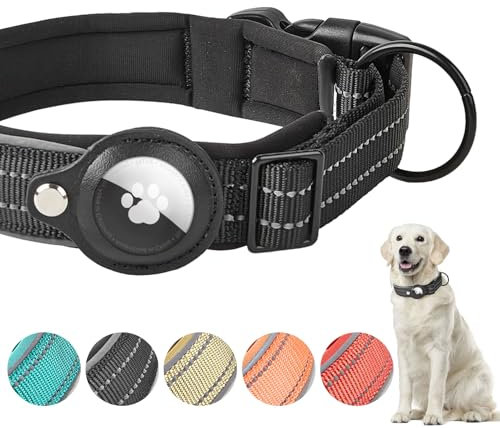 Boloshine AirTag Hundehalsband, Verstellbares Reflektierend Halsband Hund, Integriertes Apple Air Tag Hundehalsband Weich Gepolstertes für Große Mittelgroße Kleine Hunde (Schwarz, M)