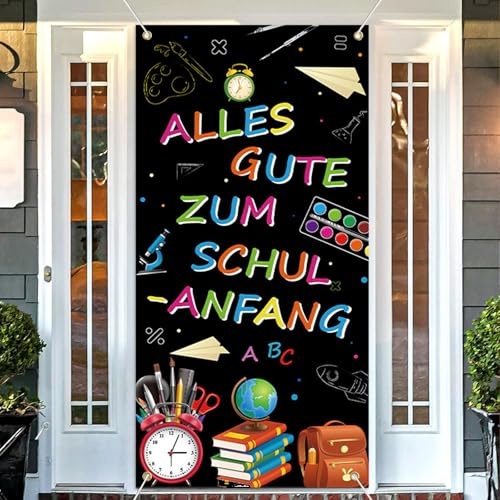 Einschulung Banner Deko, Alles Gute Zum Schulanfang Banner, Schulanfang Deko, Polyester Stoff Schwarzer Hintergrund Farbiges Muster, Hintergrund Photo Booth für Mädchen Jungen 90 * 185cm