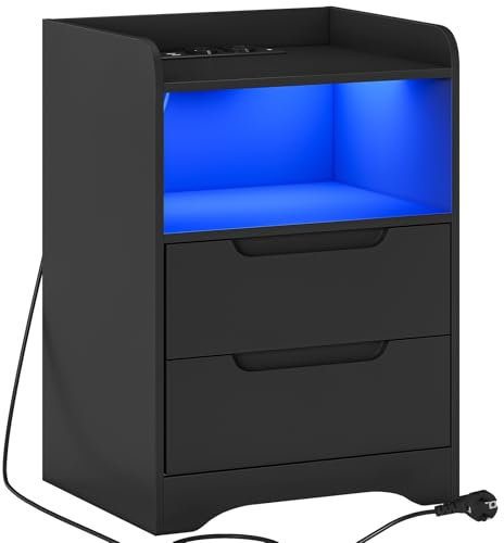 Brinlawb Table de Chevet Noir avec lumières LED et Multiprise (2 Prises CA, 2 Ports USB) Table de Nuit avec 1 Compartiment Ouvert et 2 Tiroirs pour Salon, Chambre, Bureau, Montage facile, Moderne Noir