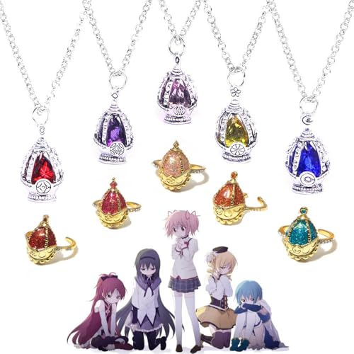 JUSONGKWCP 10 Pcs Madoka Magica Halskette Ringe Anime Figur Cosplay Necklace Ring Accessories Edelsteine Metall Anhänger Jewelry Set