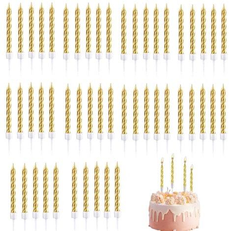 JJiaoLinin 50 Pack Gold Metallic Spiral Birthday Candles with Holders,Cake Candles for Wedding Party Decorations, Sparkler Candles for Birthday Cake Cupcake Baby Shower (Gold)