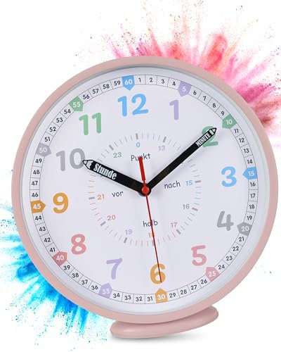 LATENO - Wanduhr Kinder Uhr Rosa - Bunte Wanduhr Kinderzimmer lautlos - Lernuhr Kinder ohne Tickgeräusche - Analoge Kinderwanduhr für Jungen & Mädchen - Kinderuhr zum Lernen - Kinderzimmer Uhr lautlos