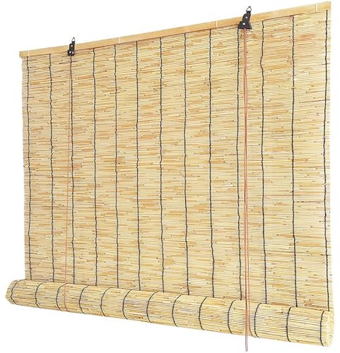 Bambusrollo, Bambus Rollo, Bambus Raffrollo, Rollos aus natürlichem Bambus, Sonnenschutz und Atmungsaktiv Rollo, Für Den Innen- Und Außenbereich-Primäre Schwarze Linie-80x100cm(Breite x Höhe)