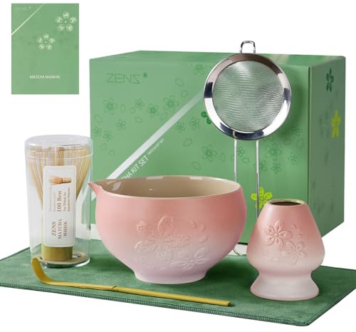 ZENS Matcha Set Rosa, Matcha Tee Set mit Matcha Besen, Keramik Matcha Schale & Besenhalte, Pulversieb und Löffel & Teetuch für Matcha Ceremonial, Geschenk für Matcha-Liebhaber, Sakura Rosa