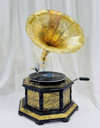 Réplica de gramófono de aspecto antiguo, tocadiscos de gramófono vintage, base de madera con tallas florales, altavoz de cuerno dorado (diseño de trabajo dorado con 8 conos (37 x 37 x 35 cm)