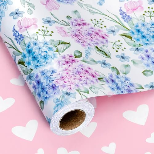 Yarcony Floral Gift Wrapping Paper, Pink Hydrangea Wrapping Paper, Reversible Watercolor Hydrangea Flowers Wedding Gift Wrap for Bridal Shower, Anniversary, Mother's Day, Birthday(17 Inch X 33 Feet)