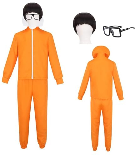 animacoser Orange Stehkragen Trainingsanzug + Perücke + Brille-Set, Herren Kostüm für Sport, Cosplay, Halloween & Karneval