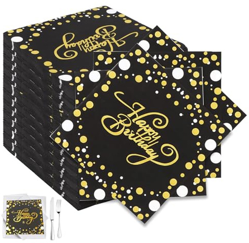 100 Stück Servietten, Serviette mit Goldenen Punkten, 33 x 33cm Alles Gute zum Geburtstag Servietten, Schwarz Gold für Servietten Veranstaltungen wie Geburtstagsfeiern Hochzeit Geburtstag & Jubiläum