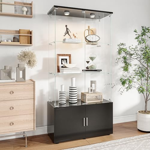 BSMGSGN Glasmonter med 3 nivåer med trästruktur, LED-belysning, lås och fristående hylla för vardagsrum eller sovrum (svart, 3 lager 2 dörrar-C)