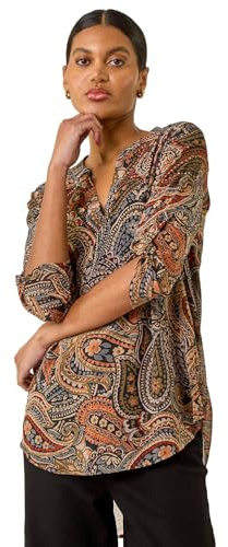 Roman Shirt for Women UK Ladies Top Collarless Blouse Stretchy Tunic Smart Casual Autumn Winter Jersey 3/4 Length Sleeve Notch V Neck Flattering Office Work - Orange Paisley - Size 12