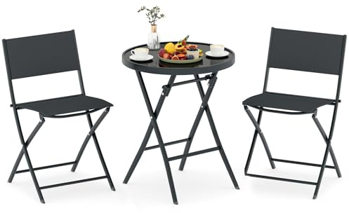 KOMFOTTEU Bistro-Set, 3-teilig, klappbar, Garten-Set aus Textilene-Gewebe mit Metallrahmen, Tisch aus gehärtetem Glas und 2 Stühlen, Esstisch-Set für Balkon, Tereza