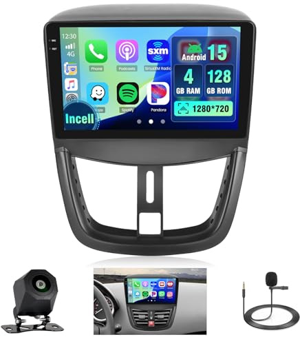 Hikity 4+128G 9 Autoradio Android pour Peugeot 207 2006-2015 | Incell Écran Tactile Wireless Carplay Autoradio 2 DIN GPS Navi Bluetooth 5.0 WiFi FM/RDS Caméra de Recul EQ 4+128G