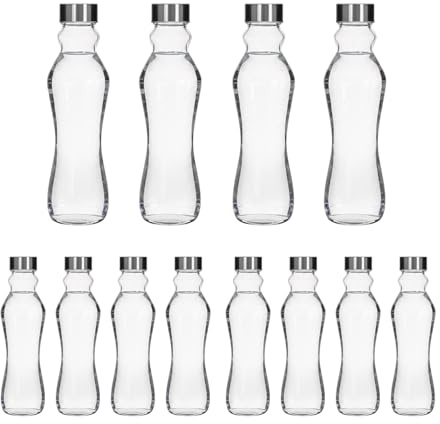 TWO TIGERS | Botella De Agua de Cristal | 500ml | Pack de 12 Tipo Lisa | Tapón De Acero Inoxidable | Transparente Resistente No Alterar el Sabor | Reutilizable | Para Nevera Frigorífico y Lavavajillas