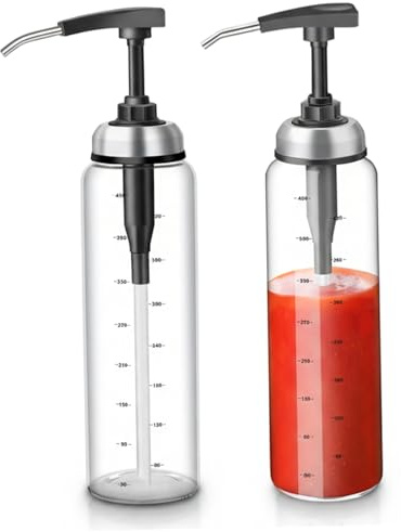 Ameble Lot de 2 bouteilles de vinaigrette en verre avec distributeur ketchup avec marques mesure, bouteilles distributrices sauce sans goutte pour ketchup, sauce soja, vinaigrette, huile, vina