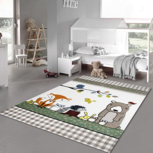 Kinderteppich Spielteppich Kinderzimmerteppich Tiere mit Bär Fuchs Hase Igel Eule Vögel in Beige Braun Orange, Größe 200x290 cm