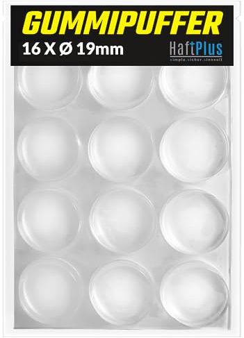 HaftPlus - 16 Stück Elastikpuffer, Anschlagpuffer transparent, Möbelpuffer selbstklebend, Schutzpuffer Anschlagdämpfer, Höhe 6mm, Ø 19mm