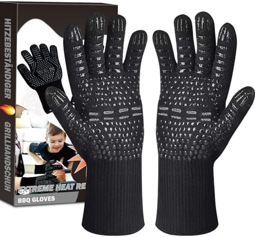 Hoxida BBQ Gloves Oven Mitts Extreme Heat Resistant, Heat Proof Grill Gloves, Non-Slip Silicone Barbecue Gloves for Cooking BBQ Baking, Black