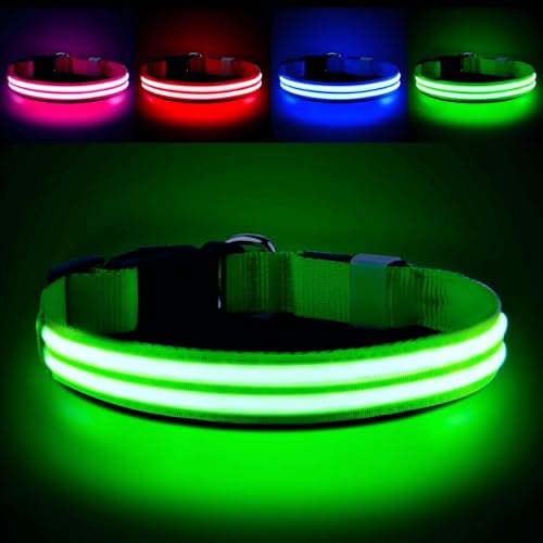 PcEoTllar Rechargeable LED Dog Collar, Waterproof, Green M | Safety Light for Night, has 7 flash modes. Perfect for night walks, running, camping. USB rechargeable, 8-10hrs.