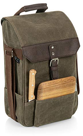 PICNIC TIME 2 Bottle Insulated Wine Bag with Cheese Board and Knife Set - Wine Picnic Bag - Distressed Waxed Canvas Wine Tote, (Khaki Green with Brown Accents)