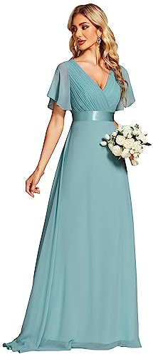 Ever-Pretty Women's Double V-Neck Short Flutter Sleeves Empire Waist Elegant Chiffon Long Plus Size Evening Dresses Dusty Blue 14UK