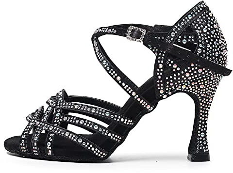 AOQUNFS Donna Scarpe da Ballo Latino Americano Strass con Tacco Salsa Bachata Tango Feste Performance Scarpe Ballo da Sala,L357-Nero-7.5,EU39