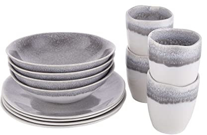 BUTLERS Geschirrset 4 Personen ATLANTIS Steinzeug Geschirr Set 12-tlg. Kombiservice | Tassen 300ml Schalen 550ml Teller 23cm | Farbverlauf mit Boho-Stil | Mikrowellen- & spülmaschinenfest