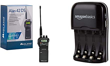 Midland Alan 42 DS CB Radio Ricetrasmittente Portatile AM/FM Multi Banda per Tutti i Paesi EU, Ricetrasmettitore & Amazon Basics Carica batterie con porta USB per batterie Ni-MH AA e AAA