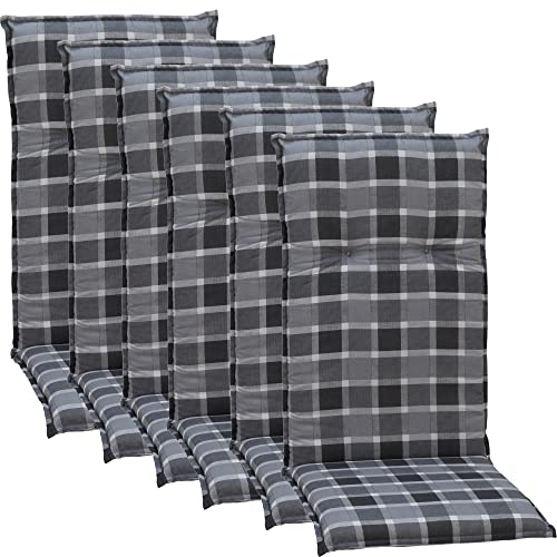NYVI Gartenstuhl Auflagen Hochlehner 6er Set Barcelona - UV-Beständig, Atmungsaktiv, Strapazierfähig - Hochlehnerauflagen Sitzkissen Outdoor - Sitzauflagen für Gartenstühle 118x50cm Anthrazit kariert
