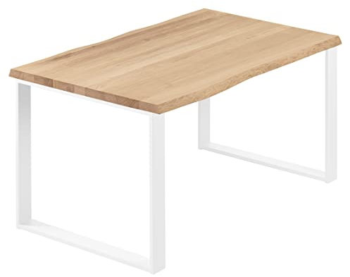 LAMO Manufaktur Esstisch Küchentisch Schreibtisch Couchtisch aus Massivholz, mit Baumkante 140x60x76 cm (AxBxH), Modern, Natur/Weiss, LNB-01-A-002-9016M