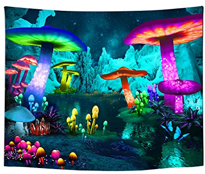 Roninkier Wandteppich Pilze Sternenhimmel Fluoreszenz-UV - Psychedelische Wald Wandbehang Boho Wanddekoration VerträUmt Tapestry Wall Hanging für Schlafzimmer Wohnzimmer,95x73cm