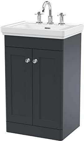 nuie CLC1423B Classique Traditional Bathroom Floor Standing 2 Door Vanity Basin Unit with 3 Tap Hole Fireclay Basin, 500mm, Soft Black