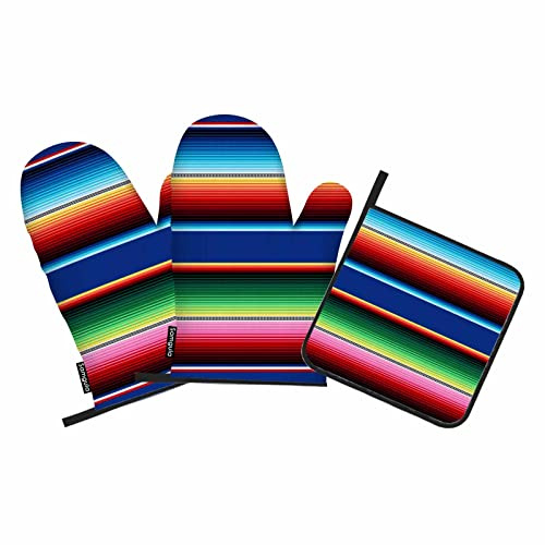 Samgula Mexican Oven Mitts and Pot Holders Sets Colorful Stripes Bright Art Heat Resistant 3pcs for Cooking Baking BBQ