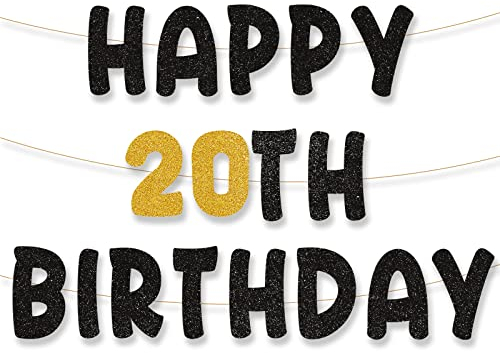 Palasasa Happy 20th Birthday Girlande - Geburtstag Banner Deko Schwarz Gold für 20 Jahre Kinder Mädchen Party Dekoration