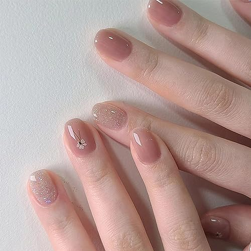 Agasar 24pcs Short Glitter Nude Pink Stick-on Nails - Vintage Flower Press-on Removable Glue-on Fake Acrylic Full Cover Nails for Women Girls - Nail Art Accessories