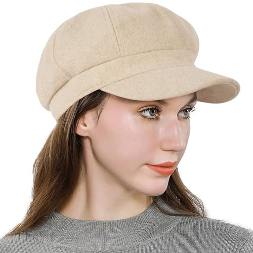 Damen Newsboy Cap Wollmischung Retro Einfarbig Mädchen Mode Gatsby Cabbie Visier Baskenmütze, Fischgrätenmuster, Beige, Einheitsgröße