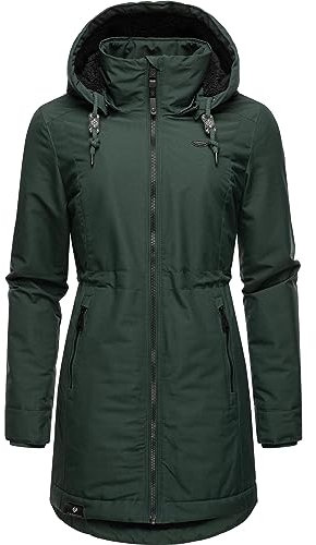 Ragwear Damen Wintermantel Warmer Parka lang wasserdicht mit Abnehmbarer Kapuze Dakkota Dark Green Gr. L