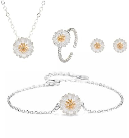 KBRPEY Sonnenblumen Schmuckset Gänseblümchen Halskette Ring Ohrringe und Armband Schmuck Set Blumen Emaille Schmuck Set Modeschmuck Weihnachtsgenchenke Geburtstag Geschenk