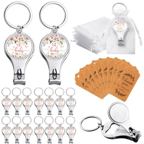Lanties 50 Sets Flaschenöffner Babyparty Rückgabe Gefälligkeiten für Gäste Nagelknipser Flaschenöffner Dekorationen mit Dankeschön-Tags Organza-Beutel für Babyparty Geschlecht Revel Party Souvenirs