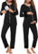 Ensemble De Pyjama d'allaitement De Maternité, Vêtements De Nuit Rayés À Manches Longues Vêtements De Détente Pyjama pour Femmes, Vêtements De Maternité pour Hôpital À Domicile,Noir,M