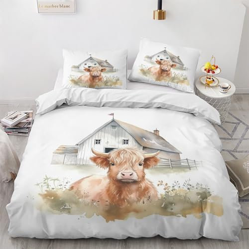Winter Bettwäsche 200x200 Highland Cow - Bauernhoftiere Bettbezug 200x200 3 teilig, Weich Warme & Bügelfrei Mikrofaser Bettwäsche-Sets, Wendebettwäsche mit Reißverschlus und 2 Kissenbezug 80x80