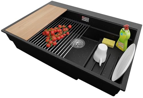 PRIMAGRAN Evier Cuisine en Granit Noir Métallisé 78x53cm, Lavabo 1 bac + Kit de Vidage + Accessoires, Évier à Encastrer au meuble 80cm - Oslo Max