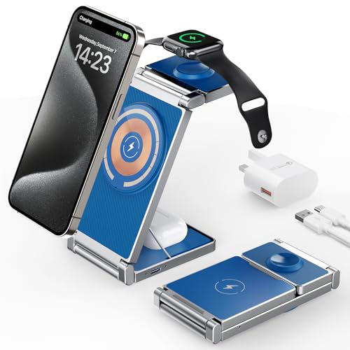 Magnetic Charging Station,Hohosb 3 in 1 Foldable Zinc Alloy Wireless Charger Stand[Compatible with Magsafe Charger] for iPhone 15/14/13/12 Series,AirPods Pro/3/2,Apple Watch/iWatch(Blue)