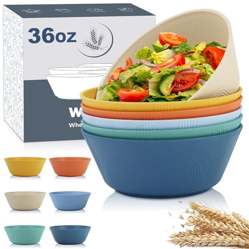Wrova Wheat Straw Bowl Sets with Textured Pattern,6 PCS Unbreakable Cereal Bowl 36 OZ,Microwave and Dishwasher Safe Bowls, Alternative Plastic Bowls for Kitchen,Camping,Apartment and Dorm