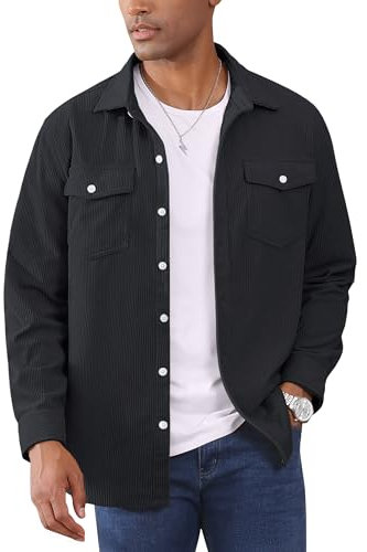 EKLENTSON Chemise-Veste Travail Homme Velours Côtelé Manches Longues Décontractée Boutonnage Complet à Poche Poitrine Noir, XL