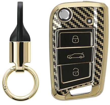 kwmobile Autoschlüssel Hülle kompatibel mit VW Golf 7 MK7 3-Tasten Autoschlüssel Hülle - Schlüsselhülle mit Key Ring Anhänger - Cover Gold Schwarz