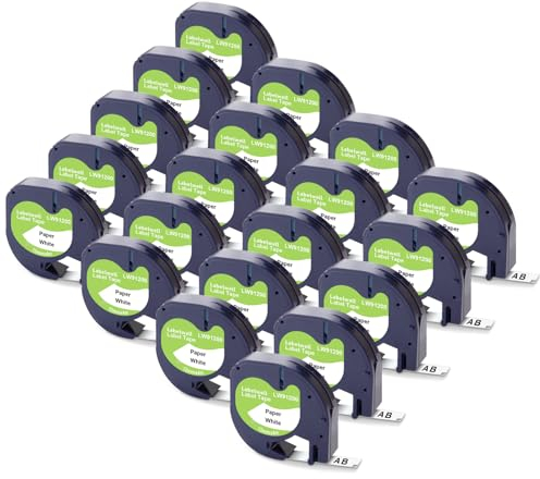 Labelwell 20x Kompatibel für Dynmo 91220 91200 Papier Schriftband 12mm x 4m Schwarz auf Weiß Etikettenband Kompatibel für Dynmo XR LT-100H LT-100T 200B XM 2000 QX50 80 Beschriftungsgerät