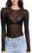EMOTTOS Women's Sexy Lace Tops, Floral Printed Sheer Mesh Short Sleeve Top, Round Neck See Through T-Shirt for Women Club Party (B2-Black-M)