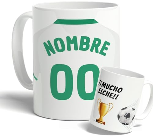 DEREGALOOS Taza Personalizada con nombre de Fútbol Elche. Tazas de Desayuno personalizada. Regalo Original para Aficionados del Futbol. Regalos Mundial Elche. Pulsera de regalo