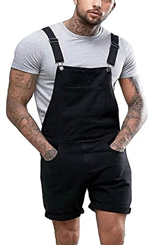 Mens Denim Dungarees Bib and Brace Short Overalls Casual Retro Adjustable Straps Multiple Pockets Lightweight Cargo Trousers Slim Fit Knee Lenth Pants Outdoor Wear Vintage Wash Jeans (31-Black, L)