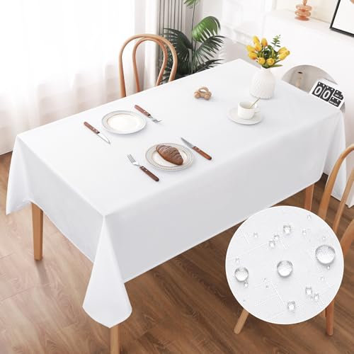 AooHome Tischdecke Abwaschbar, Weiß Tischdecken 140x200cm Leinen-Optik Tischtuch aus Polyester Wasserabweisend mit Lotuseffekt, Dauerhaft Kratzfest für Wohnzimmer, Esszimmer, Balkon, Garten
